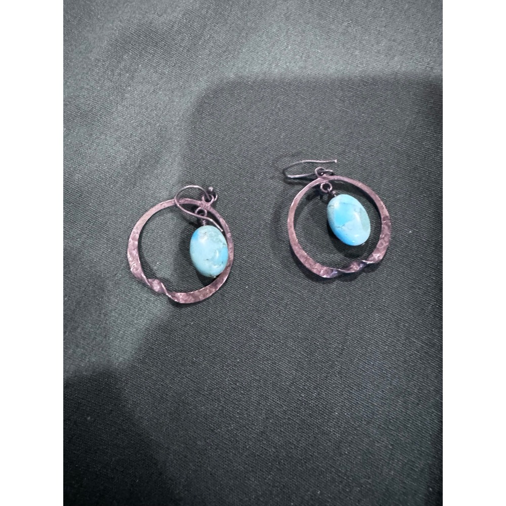 Artisan Hammered Copper Turquoise Stone Hoop Drop Earrings Boho Southwestern